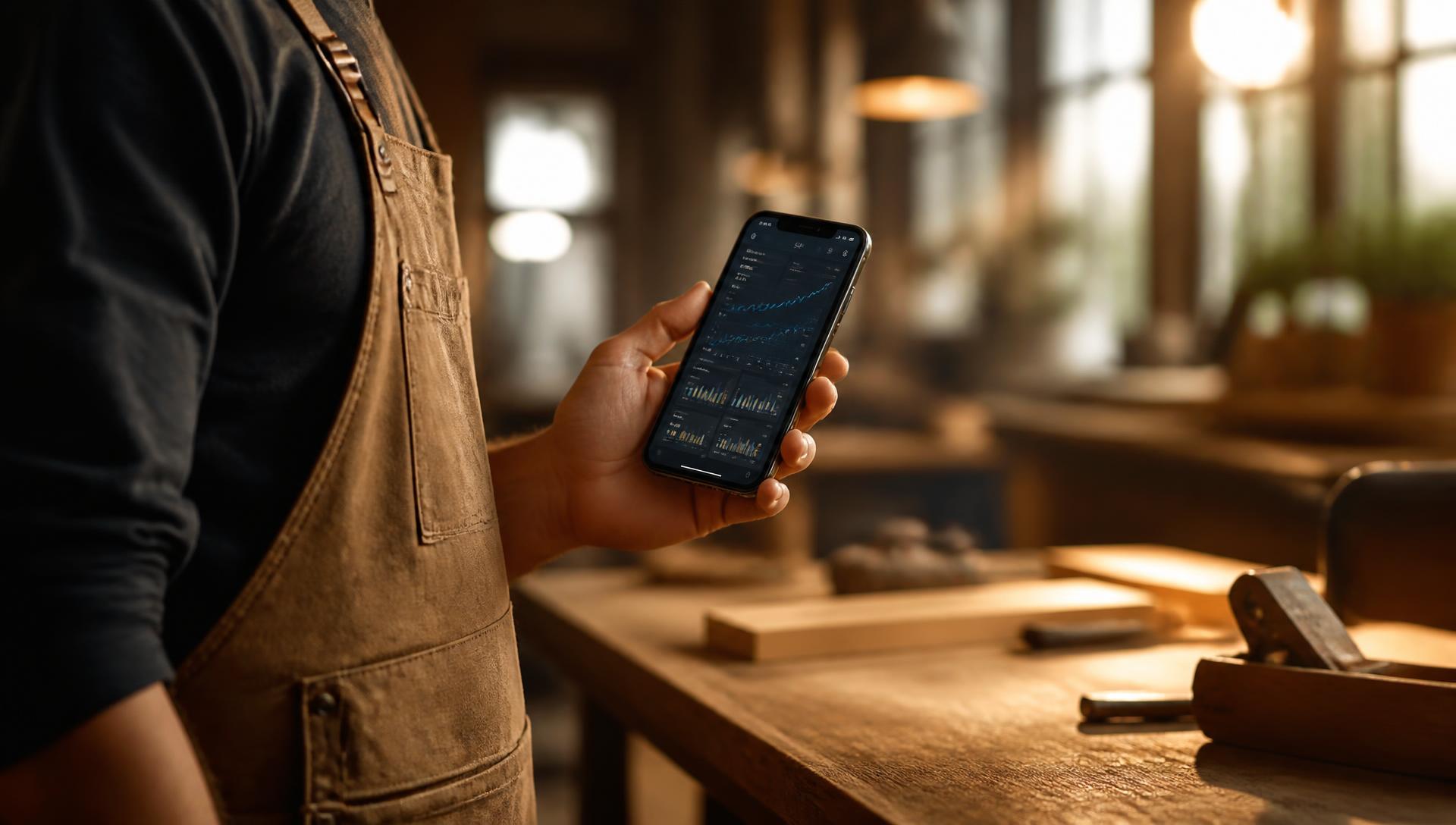 Handwerker hält Smartphone mit Performance-Dashboard in einer modernen Werkstatt
